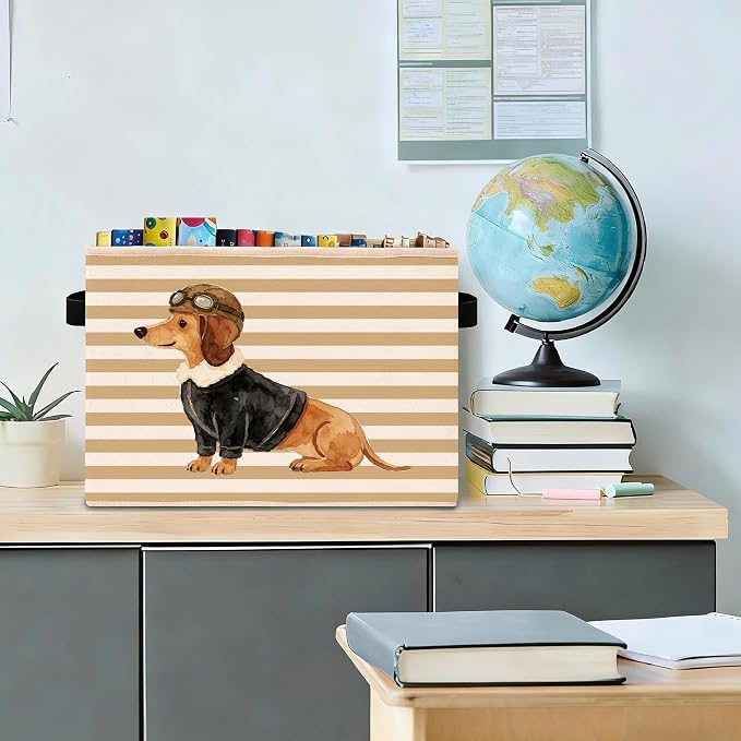 Aviator Dog Storage Bin, Dachshund Pilot Beige Stripe Fabric Basket | Beige stripe collapsible fabric organizer for nursery, bedroom, playroom, toys, books, clothes