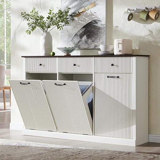 IFGET Triple Tilt Out Trash Can Cabinet, Modern Fluted Laundry Hamper Cabinet with 3 Drawers, 20 Gallon Hidden Wooden Garbage Can Cabinet w/Storage Basket & Adjustable Shelf, for Kitchen, White