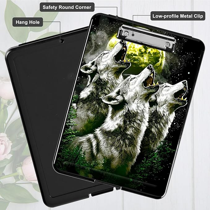 Three Gray Wolves A4 Clipboard with Storage Pen Holder, Clipboards Organizer Nursing Clipboard Foldable File Folder Plastic Clipboard Folio Clip Board for Office Students Classroom Doctor