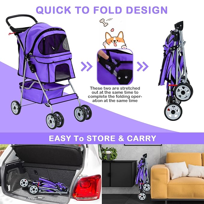 Pet Stroller,4 Wheels Dog Stroller with Storage Basket,Compact Portable Folding Carrier for Travel,Camping,Dog Carrier for Small Medium Dogs Or Cats,Lightweight Waterproof Pet Stroller,Purple