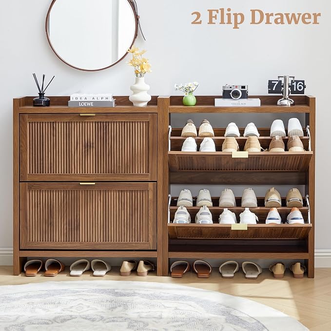 Fluted Shoe Storage Cabinet with 2 Flip Door for Entryway | Farmhouse, Walnut color, Adjustable shelves, Tabletop guardrail, Freestanding shoe storage cabinet, for Entryway/hallway