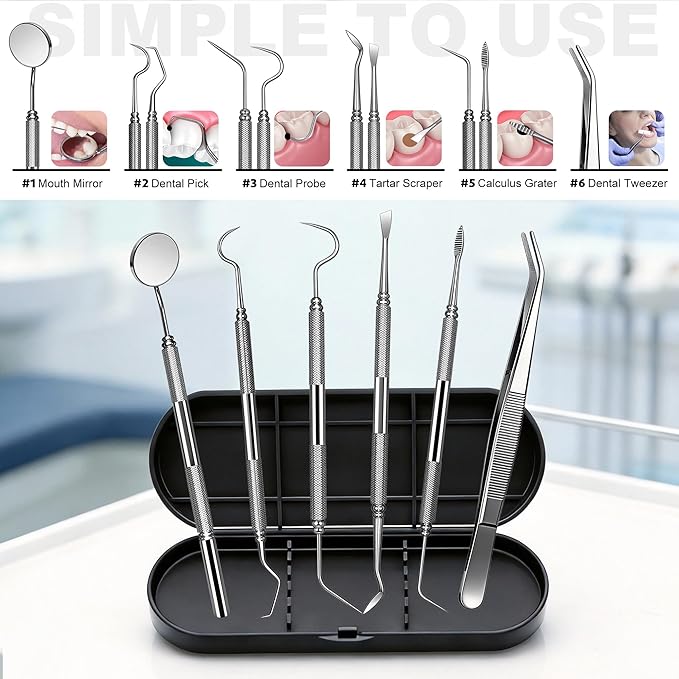 Dental Tools Plaque Remover Teeth Cleaning Tool﻿s Kit 6 Pcs Dental Care Kit Stainless Steel Dental Pick Tartar Remover Tool for Home/Travel/Pet Care-Storage Case Included