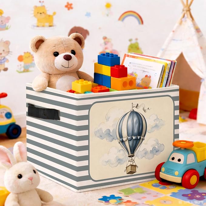Hot Air Balloon Storage Bin, Blue Gray Stripe Foldable Fabric Basket | Foldable hot air balloon fabric organizer for nursery, bedroom, playroom, toys, books, and clothes