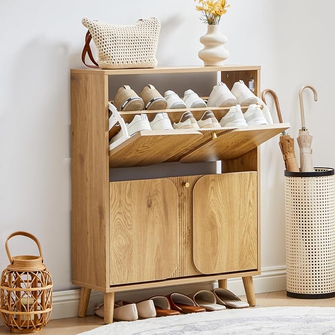 BERRYMERRY 27.6" W Shoe Storage Cabinet with 2 Flip Drawers, Unique | Natural,Hidden,Small,Front Door,Entryway,Narrow