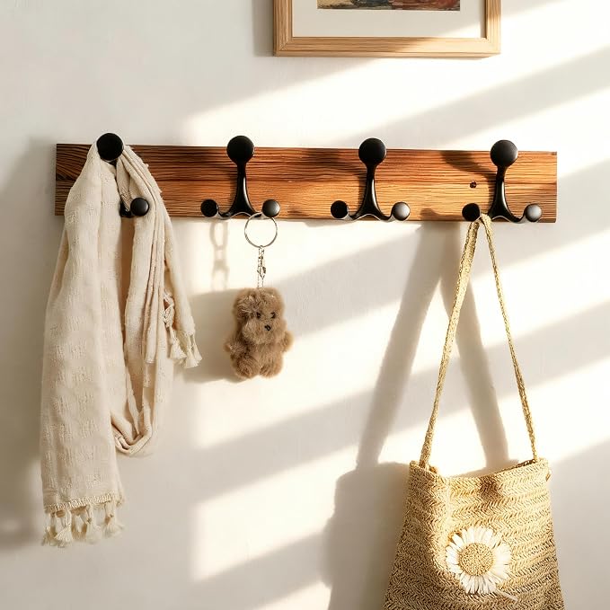 SKOLOO 24-Inch Wood Coat Rack Wall Mount with 4 Triple Hooks - Ideal for Family Entrances, Classrooms, and Pet Supplies Storage - Perfect Coat Hooks for Wall,Charred Golden Brown, Pack of 2