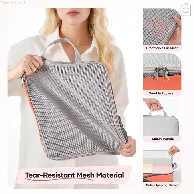 Veken 9/11 Set Compression Packing Cubes Garment Bags for Travel Essentials,Compressible Expandable Luggage Organizer Bags for Clothing,Space Saver Bags with Over 1000 pcs of Mesh Holes(Orange)