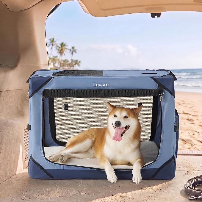 Lesure Portable Soft Collapsible Dog Crate for Medium Dogs, 30in Blue | Travel Camping Pet Kennel, 4-door, Indoor and Outdoor Use, Easy to Set Up and Fold, For Medium Breeds Up to 50lbs