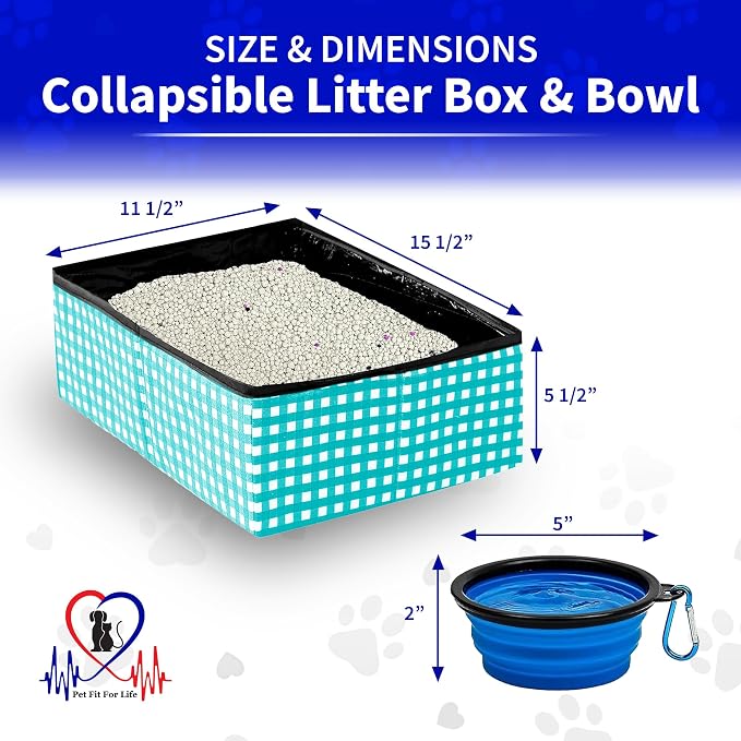 Pet Fit For Life Vibrant Collapsible Travel Cat Litter Box 16"x12"x5" Teal | Portable, Foldable Pop-Up Litter Box with Bonus Water Bowl. Compact Design Folds Flat for Travel, Camping and Home Use.