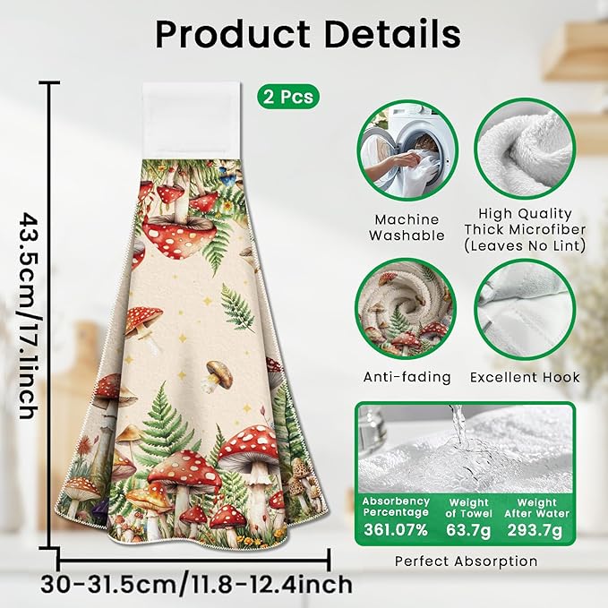 CUTHOLLOW Mushroom and Butterfly with Fern Hanging Kitchen Towels with Loop, Set of 2-Soft & Super Absorbent Microfiber Decorative Hanging Hand Towel, Tea Coffee Towel for Kitchen Bathroom Oven Handle