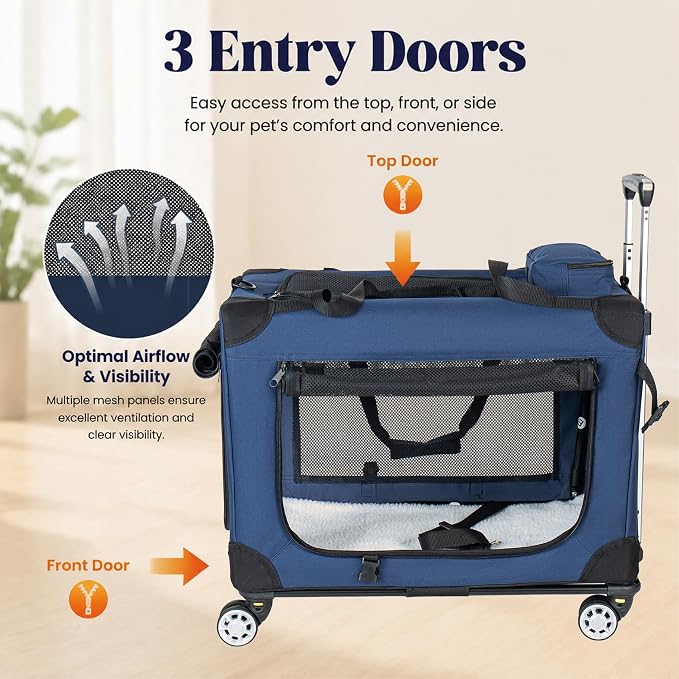 28" Pet Carrier with Wheels, 50 lb Soft Sided Foldable Dog Crate, 3 Mesh Doors, Detachable Wheels, Dark Blue Travel Kennel for Vet Visits and Medium Large Dogs