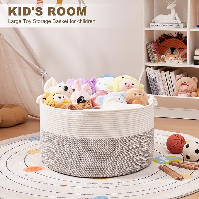 OIASKET Large Blanket Storage Basket for Living Room, 22.8" x 22.8" x 13" Woven Cotton Rope Basket with Handles, Baby Toy Storage, Laundry Hamper for Clothes, Pillows, Towels-Grey and White