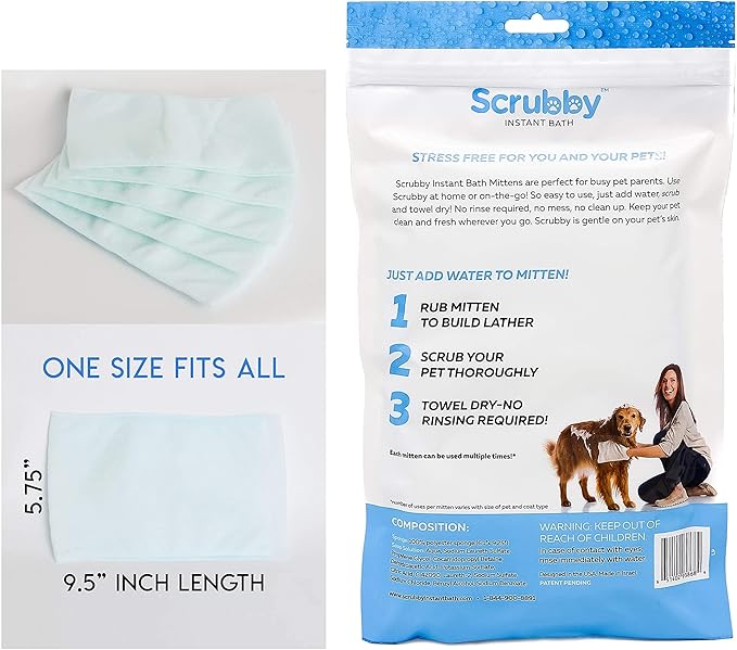 Scrubby Pet No Rinse Pet Wipes | Rinse Free Shampoo Mittens | Dogs & Cats | Bath Wipes - Bathing & Washing Pets, Hypoallergenic | No Rinse Wash Mitt | Grooming, Lather Wipe Dry - Pack of 15
