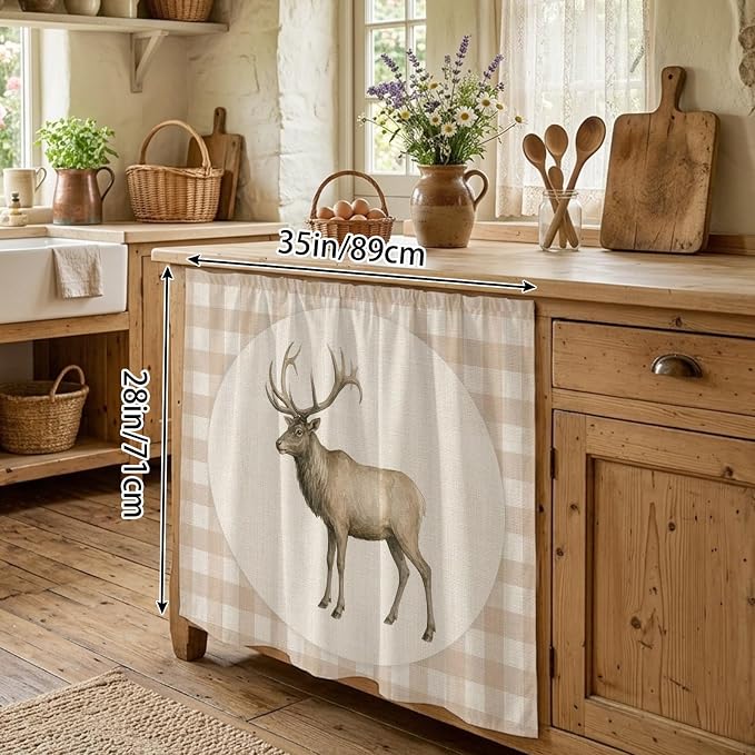 Majestic Buck Oven Skirt Curtain for Kitchen Decor 28"x35", Vintage Natural Buck Rustic Linen Plaid Self Adhesive Stove Curtains Skirt Cabinet Curtains for Bathroom Laundry Room