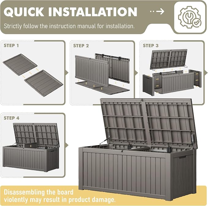 230 Gallon Outdoor Storage Box Waterproof Deck Box for Patio | Gray, Resin, Large, Weatherproof, Divider, Lockable, Hydraulic Rod, Easy Assembly, Patio Cushions Storage, Organization