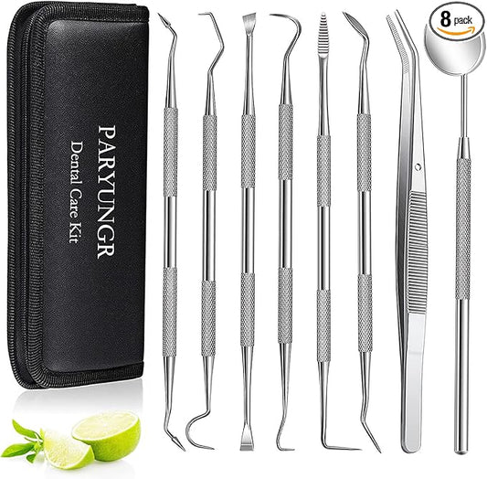 8 Pack Dental Tools PARYUNGR Teeth Cleaning Tool Kit, Stainless Steel Scraper Plaque Tartar Remover Tooth Cleaner Dental Floss Picks, Professional Oral Care Hygiene Set for Personal Pet Use with Case
