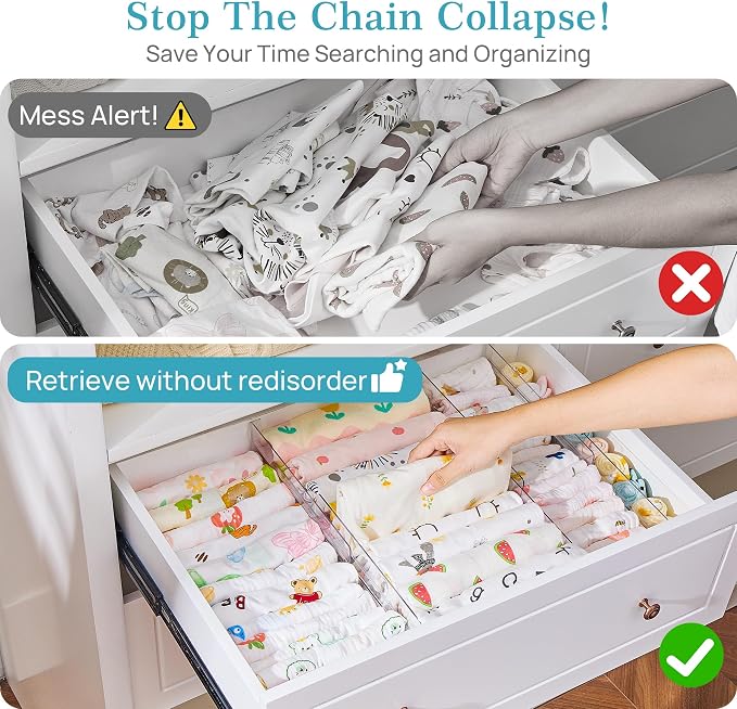 Vtopmart 4" High Drawer Dividers for Clothes, 13"-22" Adjustable, 8 pack | Expandable Dresser Drawer Organizer, Clear Plastic Separators for Dresser, Baby Clothing, Underwear, Cosmetic, Toiletries