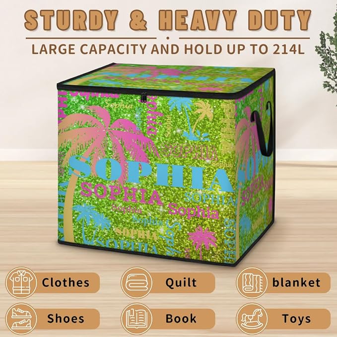 Personalized Name Foldable Storage Basket Cubes with Lid, Butterflies Dirty Clothes Pet Toys Storage Bin with Handles for Shelf Home Closet Kitchen, Colorful Palm Trees Bright Lime Green Glittering