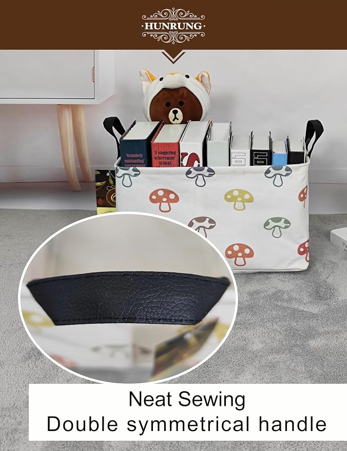 Rectangle Canvas Foldable Storage Basket for Nursery, Color Mushroom | Portable and collapsible cloth receptacle. Stores pet essentials, daily use items. Folds flat when not in use