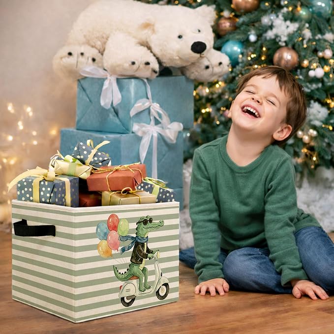 Alligator Scooter Storage Bin, Green Stripe Foldable Fabric Basket | Cute crocodile scooter collapsible fabric organizer for nursery, bedroom, playroom, toys, books, and clothes