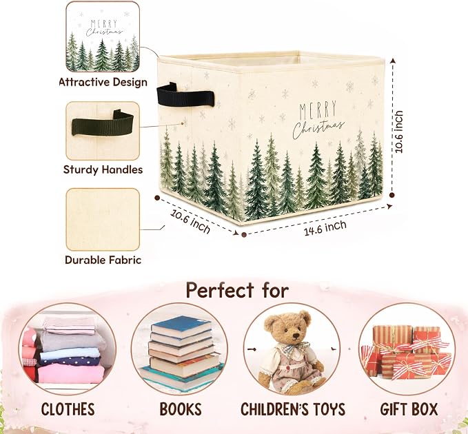 Merry Christmas Forest Storage Bin, Fabric Organizer | Merry Christmas forest storage bin with pine trees and snowflakes for toys, books, clothes, blankets, shelves, and closets.