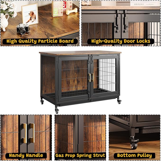 GarveeLife 37.5 in Dog Kennel Furniture, Heavy Duty Dog Crate Furniture with Wheels, Grid Base, Removable Tray, Latches, Indoor Farmhouse Dog Cage for Medium and Small Dogs, Brown