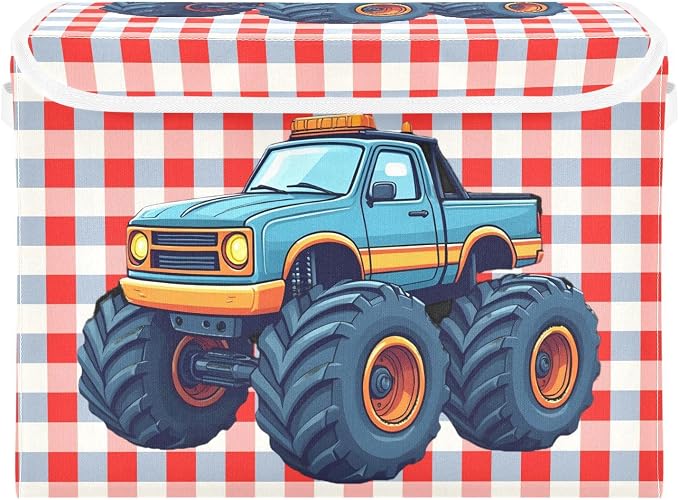 Cartoon Truck Fabric Storage Bins with Lid Closet Storage Basket 40L | Decorative Storage Boxes, Dust-Proof Flip Top, Reinforced Handles, For Home & Bedroom, Clothes & Toy Box, Cartoon Print