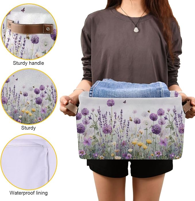 Lavender Fabric Storage Bin, Foldable Organizer Bag for Baby Cloth, Dog Toy, Book Storage Cubes, Shelf Closet Basket - 16x12x8