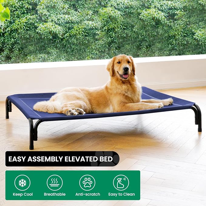 Elevated Dog Bed Outdoor Cooling Raised Cot for XL Dogs, Blue 53.9in | Tool-Free Installation; Washable Cooling Breathable Mesh; Anti-Slip Feet; Indoor & Outdoor Use