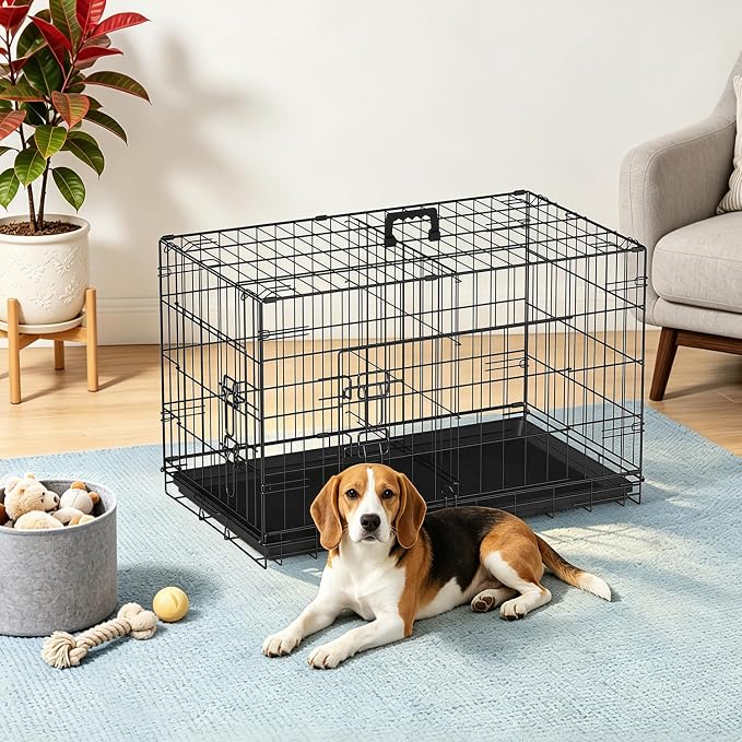 FDW | 30" Foldable Metal Dog Crate | Black | Cage for Medium Dogs | Heavy Duty, Portable Wire Kennel with Double Door, Divider & Leak-Proof Tray | For Training, Home, Travel Indoor/Outdoor Use