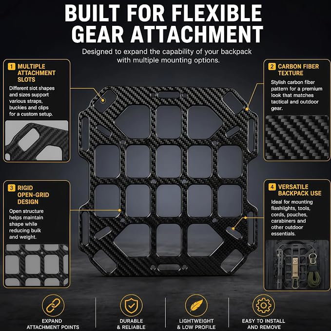 Rigid MOLLE Panel Insert with Premium Carbon Fiber Texture – Universal Tactical EDC Backpack Organizer & Tech Grid Board, Modular Rigging Platform for Camera Bags, Vehicles, and Office Display