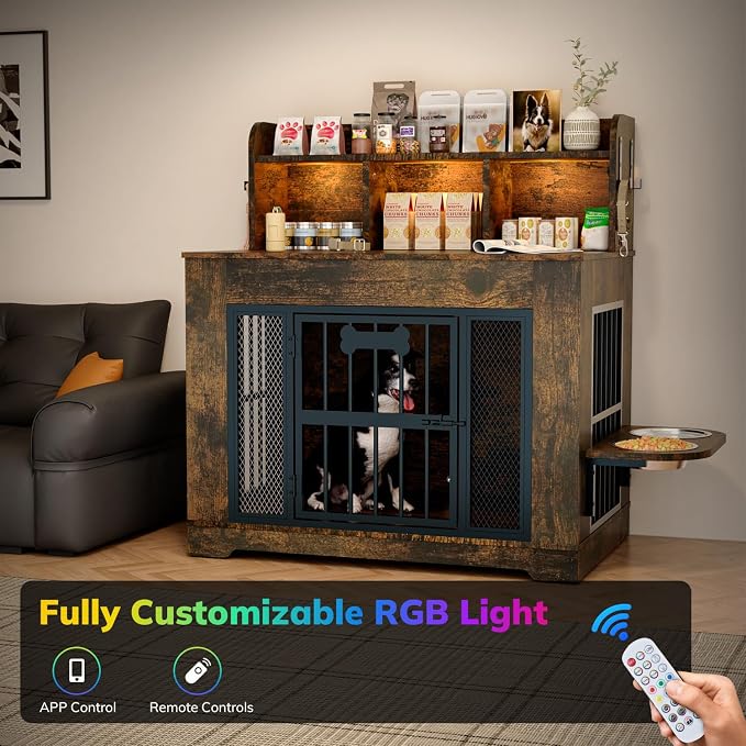 Petrova 33" Dog Crate Furniture with Storage Shelf & 2 Stainless Steel Bowls, Heavy Duty Indoor Dog Kennel for Medium/Small Dogs, Wooden Dog Cage with 4 Hooks, LED Light, Walnut Brown
