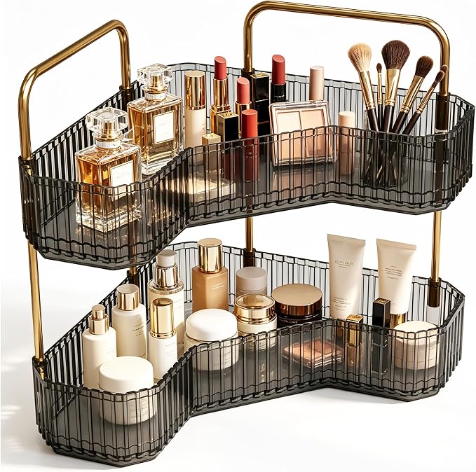 2-Tier Corner Bathroom Organizer, Skincare Vanity Counter Shelf Grey | Premium PET Perfume Display Stand with Gold Metal Rods, Space-Saving 90 Degree Storage Rack for Dresser