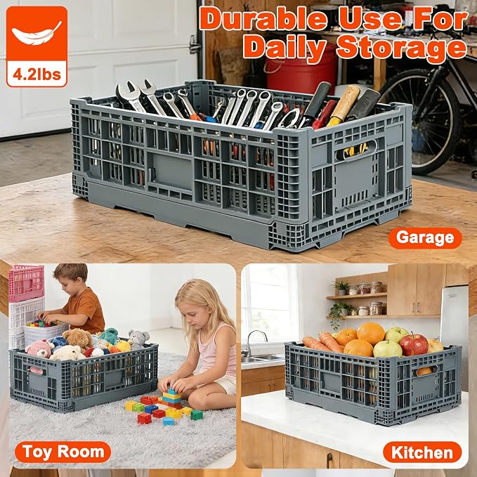Collapsible Milk Crates 52L, Plastic Folding Storage Crate | with Handle, Heavy Duty Storage Bins for Organizing Tools, Books, Food, Drinks, Camping & Transport