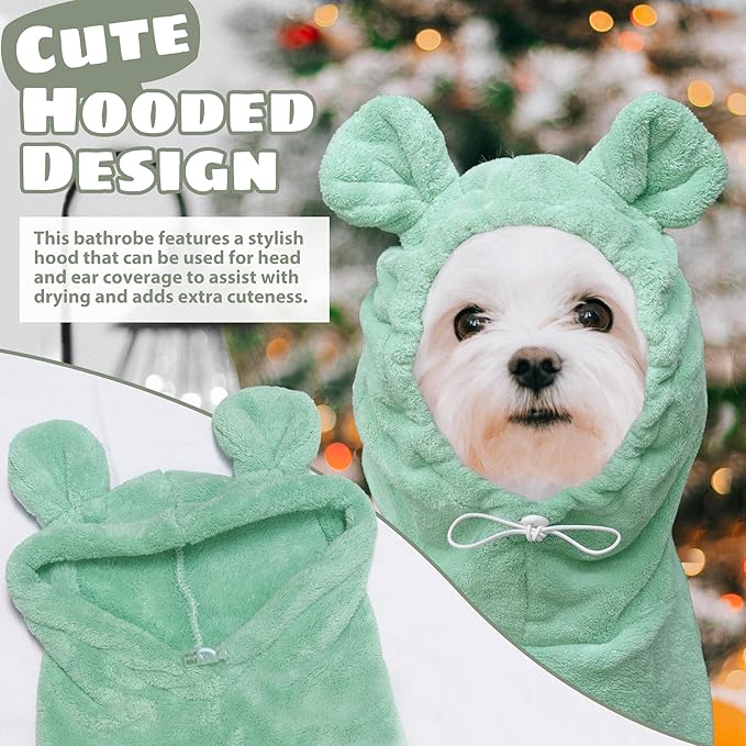 Dog Bathrobe Super Absorbent Towel Robe - Microfiber Bath Towels Fast Drying Coat for Dogs, Cute Dogs Clothes Adjustable Collar & Belly Strap Warm Keeping Hooded Dog Towel (Light Green, Large)