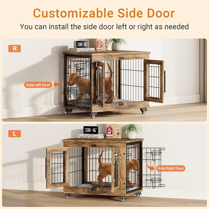 2 Pack Dog Crate Furniture, 27.1'' Heavy Duty Kennel with Cushion & Wheels | Rustic Brown, Double Doors, Wooden Dog Cage, Chew-Resistant, End Table, Decorative, 27"/32"/38"/44" Options, Indoor