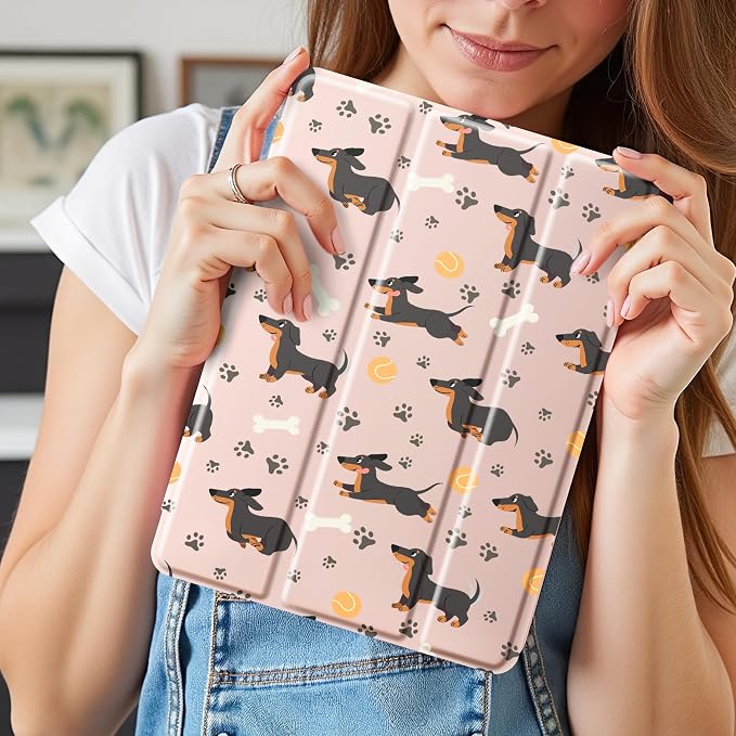 Cute Dachshund Dog Case for 10.9" iPad 10th/11th, Clear TPU Smart Stand Back Cover with Pencil Holder, for iPad 2022/2025 Generation Auto Wake/Sleep Foldable Protective Case