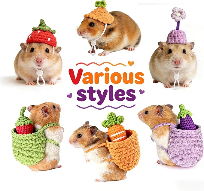 10 Pcs Hamster Costume Set - 3 Mini Party Hats, 4 Backpacks & 3 Vegetable Props | Cute Hand Knitted Pet Clothes Holiday Party Costume Accessories for Small Animals (Hamster, Guinea Pig, Bunny)