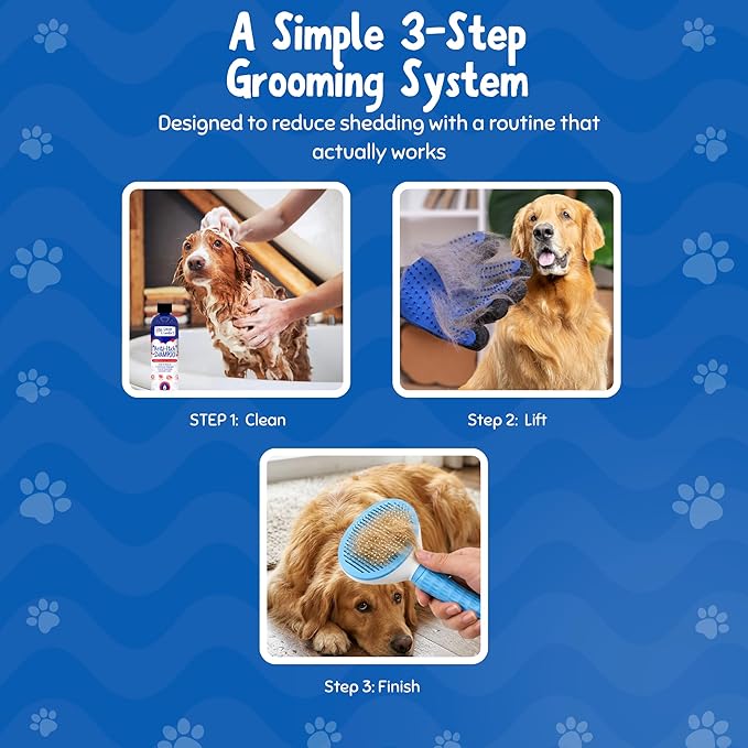 Premium Dog Grooming Kit – Tea Tree Oil (1%) Anti-Itch Shampoo, Self-Cleaning Slicker Brush & Grooming Glove – Skin Support & Coat Maintenance System