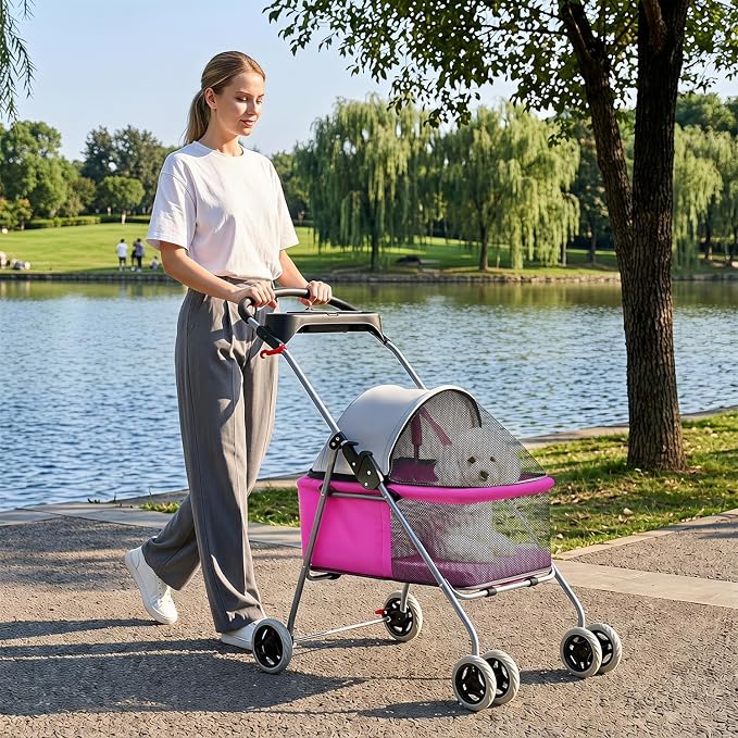 BestPet Foldable Pet Stroller for Small/Medium Dogs and Cats Up to 33 lbs | 4-Wheel Stroller Pet Strolling Cart w/ Breathable Mesh, Lockable Rear Wheels, Cup Holder/Tray & Storage Box, Pink