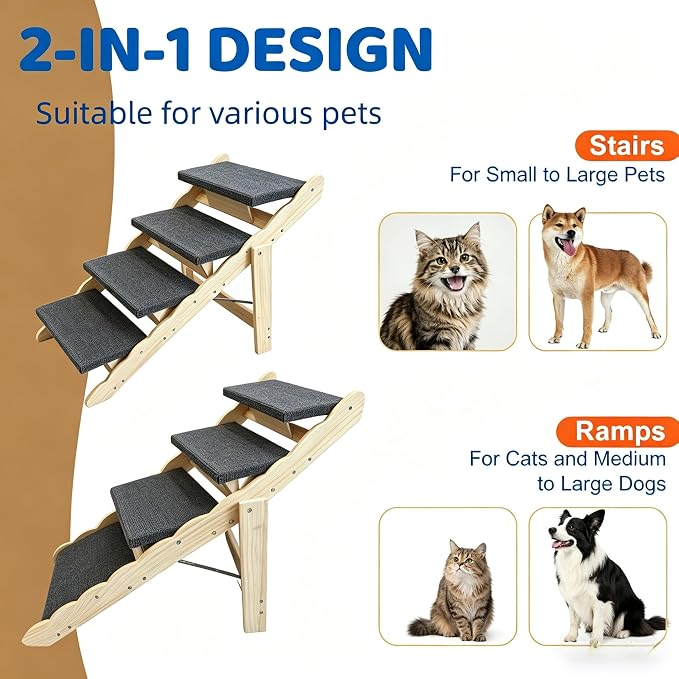 Wooden Pet Stairs, 2-in-1 Folded Pet Steps for Beds, Anti-Slip Dog Ramp with 4 Steps for Small Medium Large Pet, up to 150 lbs