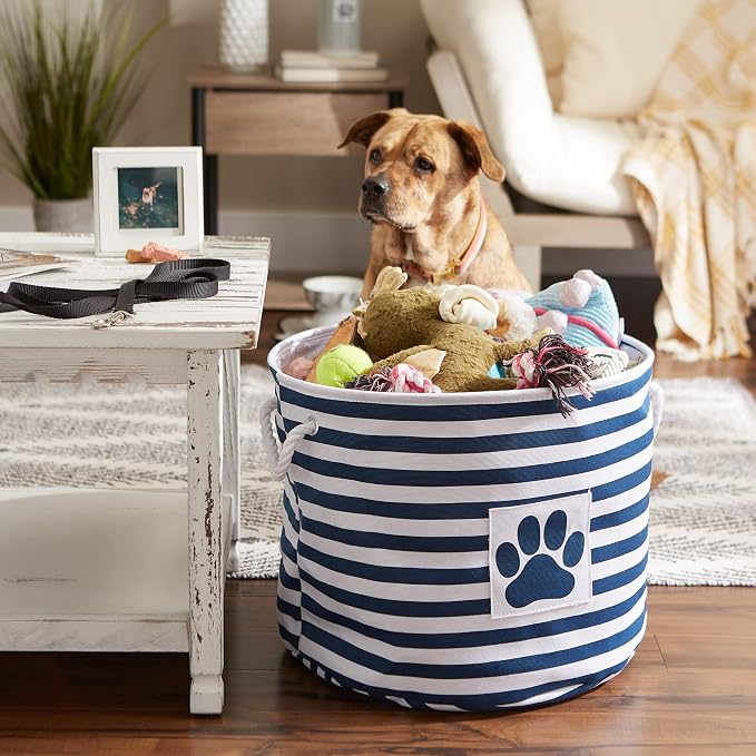 Bone Dry Pet Storage Collection Striped Paw Patch Bin, Large Round, Navy