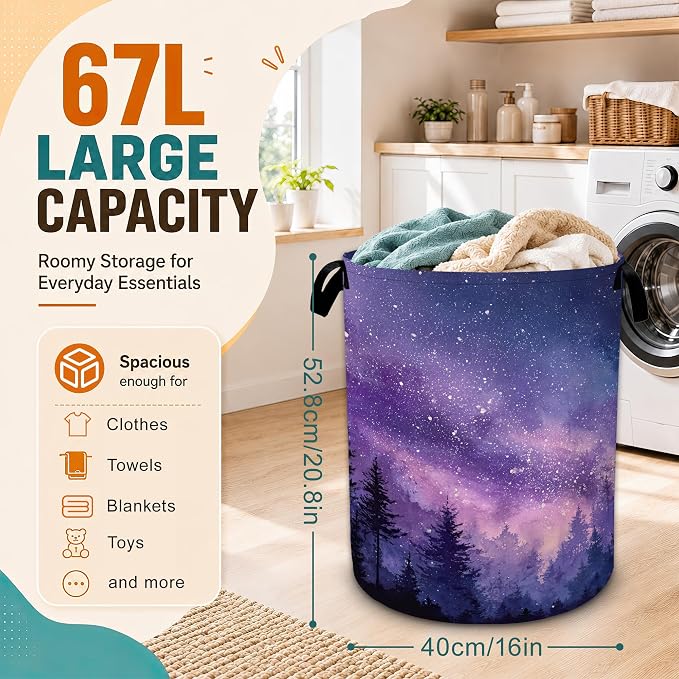 Galaxy Laundry Basket,Purple Forest Foldable Oxford Laundry Hamper with Handles,Collapsible Clothes Storage Bucket Tote Bag for Laundry Room,Bathroom,Bedroom,Dorm