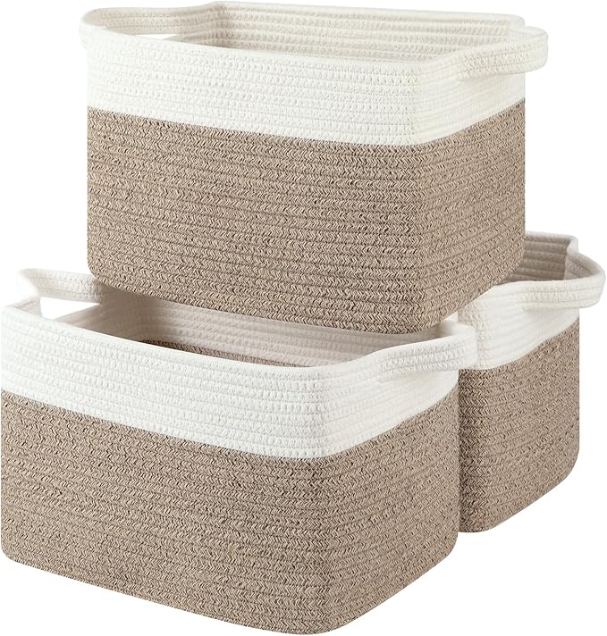 OIASKET Storage Basket for Organizing, Woven Baskets for Storage, Rectangle Decorative Baskets for Shleves, Closet, Toys, Books, Nursery Organizer Bins - Pack of 3 (Brown & White, 13"x9.85"x8.7")