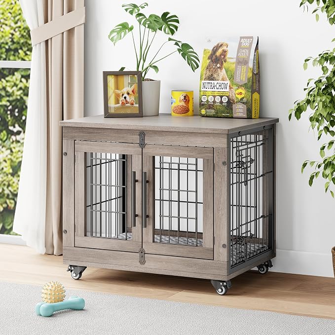 YaFiti Dog Crate Furniture, 27.2" Wooden Indoor Dog Kennel, Grey | for Small Dogs, Up to 30 lb, Cushion, Wheels, Double Doors, Furniture Style, Side End Table, Decorative Pet Cage House