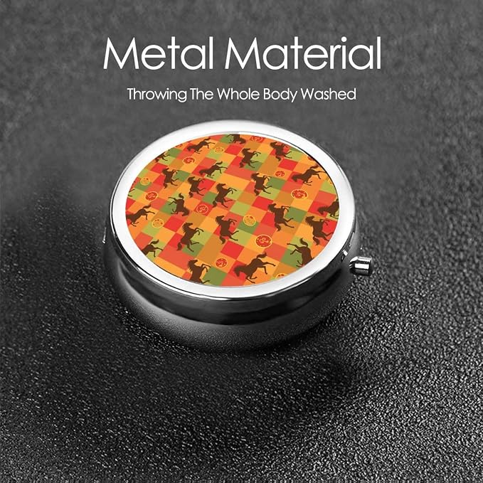 Round Pill Holder, Waterproof Organizer Case, Compact Travel Pill Box for Vitamins, Pocket Purse Use for Seniors, Horse Red Plaid