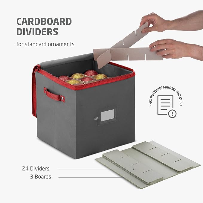 ZOBER Christmas Ornament Storage Box - Stores 64 3" Ornaments, With Dividers - Ornament Organizer Storage Box, Durable Christmas Containers Holder, Dual Zipper - Gray