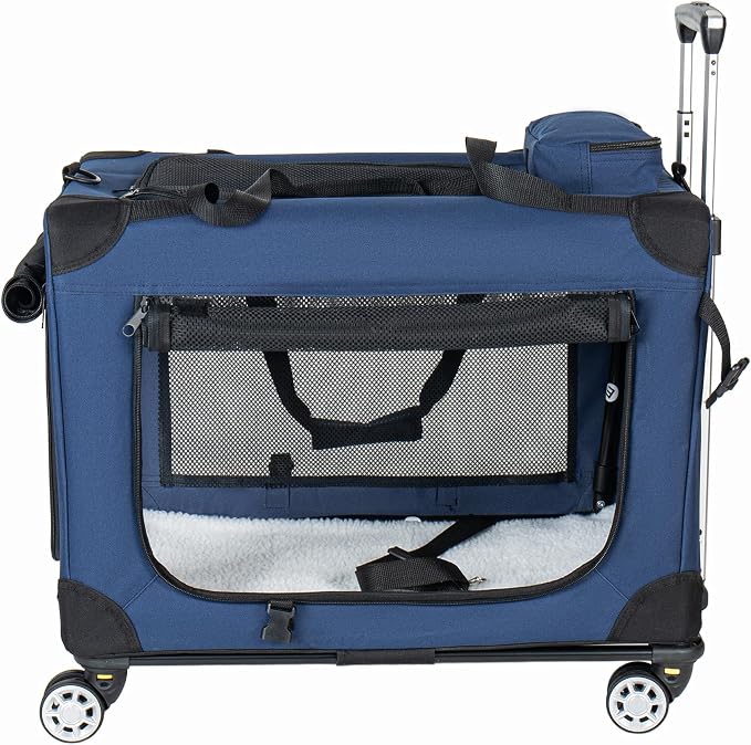 2 in 1 Rolling Dog Crate with Wheels, 24'' Collapsible Travel Pet Carrier for Medium Large Dogs, Portable Folding Kennel with 3-Door Design & Mesh Windows (Dark Blue + 28'')