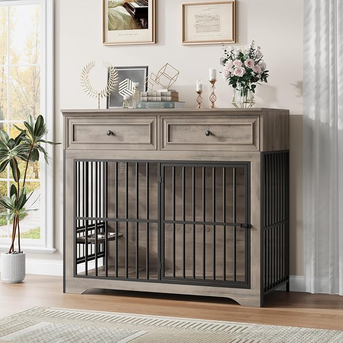 QUW 42" Modern Dog Crate Furniture, Wooden Dog Kennel, Grey | Medium to Large, 360° Rotating & 3-Levels Adjustable Height Dogs Bowl Holder, Decorative Dogs Cage Pet House Indoor