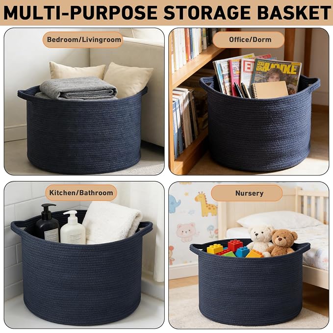65L Large Blanket Basket,Woven Rope Laundry Basket-Dark Blue | Collapsible, reinforced handles, nursery storage bin organizes clothes, toys and pillows for living room, bedroom bathroom