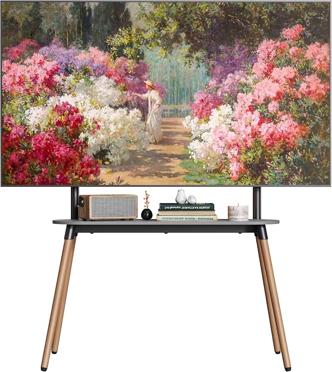 4-Leg Easel TV Stand for 49-86" TVs, 110 lbs, Black | Height-adjustable floor TV stand, storage shelf, cable management and protective pads for living room, office or school